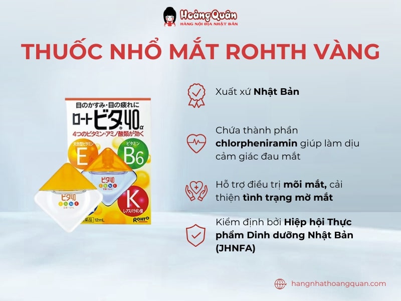 Công dụng của Thuốc nhỏ mắt Rohto vàng 12ml  Đối tượng sử dụng Thuốc nhỏ mắt Rohto Nhật được thiết kế để phục vụ cho mọi đối tượng, từ trẻ em đến người lớn, đặc biệt là những người thường xuyên phải làm việc trước máy tính, sử dụng điện thoại di động hoặc tiếp xúc với môi trường ô nhiễm. Các đối tượng sử dụng bao gồm những người có các triệu chứng như mệt mỏi mắt, mờ mắt, ngứa mắt, viêm bờ mi, xung huyết kết mạc, và cả những ai cần bảo vệ mắt khỏi tác động của tia cực tím và tia sáng.  Ngoài ra, những người thường xuyên tiếp xúc với nước, bụi bẩn và mồ hôi cũng có thể tận dụng sản phẩm để phòng ngừa các vấn đề về mắt do tác động từ môi trường bên ngoài. Vì sản phẩm không gây tác dụng phụ như dày võng mạc hay giản đồng tử, nên nó là lựa chọn an toàn và hiệu quả cho mọi đối tượng trong việc bảo vệ và nuôi dưỡng sức khỏe của đôi mắt.  Hướng dẫn sử dụng Nghiêng đầu về phía sau hoặc nghiêng người về phía trước để tạo góc 45 độ. Nhẹ nhàng nhấn chai để thả từng giọt thuốc vào giữa mí mắt hoặc vào phần góc trong của mắt, nhỏ từ 2-3 giọt một lúc, 1 ngày có thể dùng 5-6 lần. Đóng nắp chai sau khi sử dụng để tránh bụi bẩn và tiếp xúc với không khí. Lưu ý: Không sử dụng thuốc nhỏ mắt Rohto Nhật nếu bạn đang mặc kính áp tròng mềm. Trong trường hợp có bất kỳ dấu hiệu nào của phản ứng dị ứng hoặc tác dụng phụ khác, ngừng sử dụng và tham khảo ý kiến của bác sĩ.  Lời khuyên từ chuyên gia Trẻ em sử dụng cần sự giám sát của người lớn. Không dùng khi đeo kính áp tròng. Tránh để sản phẩm để ngăn ngừa lây nhiễm.  Sử dụng cẩn thận và đảm bảo không tiếp xúc trực tiếp với mắt hoặc bề mặt khác.  Nếu có dấu hiệu bất thường hoặc phản ứng dị ứng, ngưng sử dụng và tham khảo ý kiến y tế.  Bảo quản sản phẩm ở nhiệt độ phòng và tránh ánh sáng trực tiếp để đảm bảo chất lượng sản phẩm. Câu hỏi thường gặp Tôi có thể sử dụng Thuốc nhỏ mắt Rohto vàng 12ml Nhật bao lâu một lần?  Thời gian sử dụng thuốc nhỏ mắt Rohto Nhật mỗi lần có thể thay đổi tùy thuộc vào nhu cầu và triệu chứng cụ thể của mỗi người. Tuy nhiên, thông thường, bạn có thể sử dụng thuốc nhỏ mắt này từ 1 đến 3 lần mỗi ngày, tùy theo hướng dẫn của bác sĩ hoặc hướng dẫn trên bao bì sản phẩm.  Thuốc nhỏ mắt có thể sử dụng trong thời gian mang thai hoặc cho con bú không?  Khi sử dụng thuốc nhỏ mắt Rohto Nhật trong thời gian mang thai hoặc cho con bú, bạn nên tham khảo ý kiến của bác sĩ hoặc chuyên gia y tế trước khi sử dụng. Mặc dù không có nhiều bằng chứng khoa học cụ thể về tác động của thuốc nhỏ mắt này đối với thai nhi hoặc em bé đang được nuôi bú, nhưng việc tham khảo ý kiến của bác sĩ là rất quan trọng để đảm bảo an toàn cho cả bản thân và em bé.  Tôi có thể sử dụng thuốc nhỏ mắt Rohto Nhật khi đang mang kính áp tròng không?  Khi đang sử dụng kính áp tròng, việc sử dụng thuốc nhỏ mắt Rohto Nhật cần được thảo luận và đề xuất bởi bác sĩ hoặc chuyên gia y tế. Mặc dù thuốc nhỏ mắt có thể được sử dụng bởi nhiều người, nhưng việc đeo kính áp tròng có thể ảnh hưởng đến cách thuốc được hấp thụ và tác động của nó lên mắt.  Nếu bạn đang sử dụng kính áp tròng mềm, việc sử dụng thuốc nhỏ mắt có thể được thực hiện với sự tham khảo của bác sĩ. Tuy nhiên, nếu bạn đang đeo kính áp tròng cứng, bạn có thể cần tránh sử dụng thuốc nhỏ mắt, hoặc cần tuân thủ các hướng dẫn đặc biệt từ bác sĩ.  Cảm nhận của người dùng  Chị Nhật Linh - Bình Tân  Sau khi dùng thuốc nhỏ mắt Rohto Vàng trong quá trình điều trị mắt đã giúp mắt tôi giảm mỏi và đau mắt.  Anh Khoa - Bình Thạnh  Thuốc nhỏ mắt Rohto Vàng thích hợp cho mắt nhạy cảm. Tôi thường dùng sau khi đi ra ngoài về, rất dễ chịu và mát dịu.  Khẳng định sản phẩm không phải là thuốc  Hiệu quả sử dụng tuỳ thuộc vào cơ địa từng người  Dựa vào những kiểm chứng và cảm nhận từ người dùng, có thể thấy thuốc nhỏ mắt Rohto Vàng đã mang lại nhiều hiệu quả tích cực. Đặc biệt, đối với bệnh nhân đang trong quá trình điều trị các vấn đề về mắt hoặc đang phục hồi sau điều trị, việc sử dụng sản phẩm này có thể giúp tăng cường sức khỏe của mắt và cải thiện chất lượng cuộc sống.  Để mua sản phẩm Rohto Vàng chính hãng và với giá cả hợp lý, bạn có thể liên hệ đến Hoàng Quân qua hotline 086 555 8889 hoặc 0984 209 289. Đội ngũ chuyên viên tư vấn của chúng tôi sẽ hỗ trợ bạn tận tình và chuyên nghiệp để đảm bảo bạn nhận được sản phẩm chất lượng nhất.