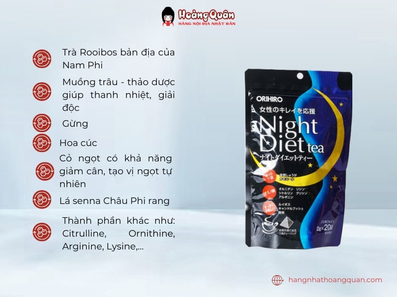 Trà Giảm Cân Ban Đêm Orihiro Night Diet Tea có thành phần chứa nhiều loại thảo mộc tốt với sức khỏe, hỗ trợ giảm cân an toàn