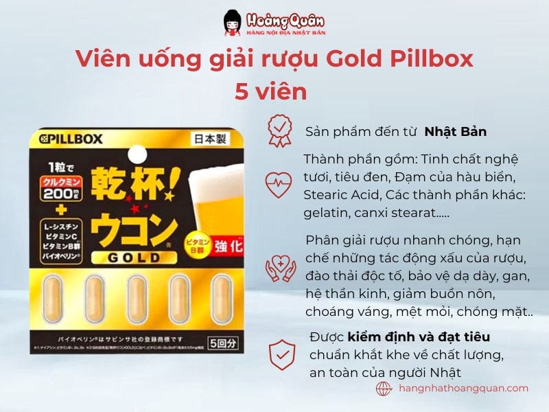 Viên uống giải rượu Gold Pillbox 5 viên với thành phần tự nhiên, an toàn với người sử dụng