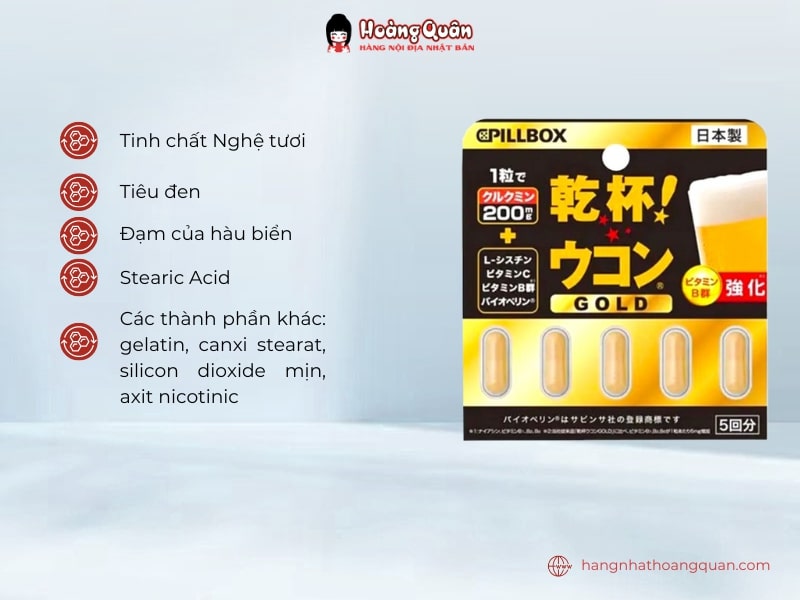 Viên uống giải rượu Gold Pillbox 5 viên chiết xuất từ bột nghệ, gừng, tiêu đen,... giúp cơ phân giải rượu nhanh chóng