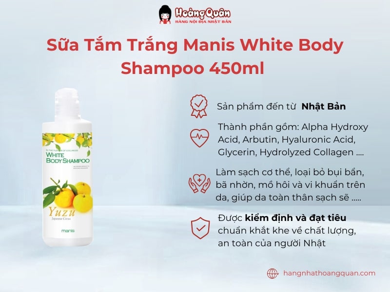 Sữa tắm trắng Manis White Body Shampoo 450ml với nhiều thành phần thiên nhiên an toàn