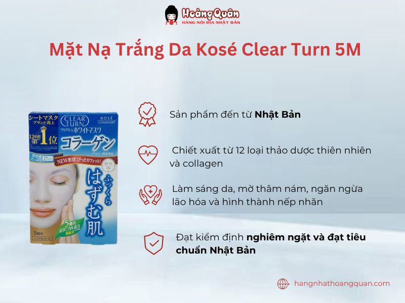 Mặt nạ trắng da Kosé Clear Turn 5M với công thức thành phần ưu việt