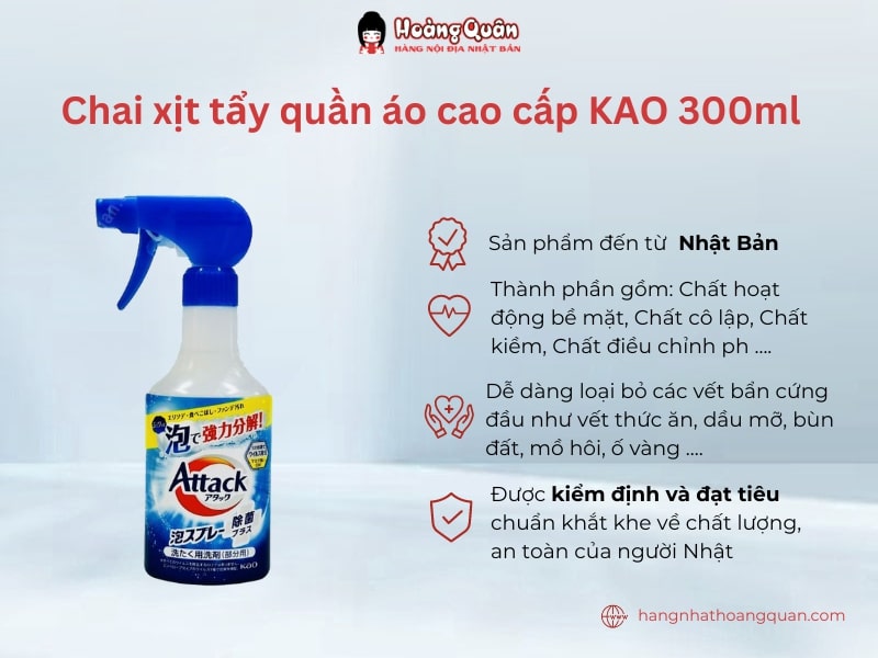 Chai xịt tẩy quần áo cao cấp KAO 300ml giúp bóc tách các vết bẩn cứng đầu