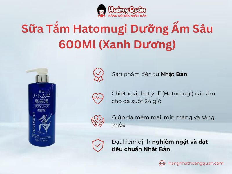 Sữa Tắm Hatomugi Dưỡng Ẩm Sâu 600Ml (Xanh Dương) dưỡng ẩm da suốt 24h