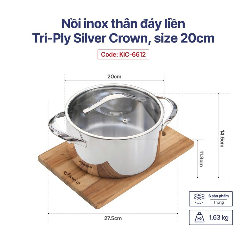 Nồi Inox thân đáy liền Tri-Ply Silver Crown Kaiyo size 20cm