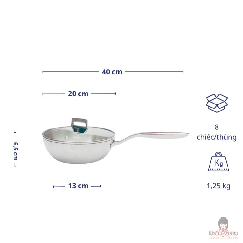 Chảo Inox 316 liền khối 5-Ply Premium Kaiyo 20cm (Sâu Lòng, Vung Kính)