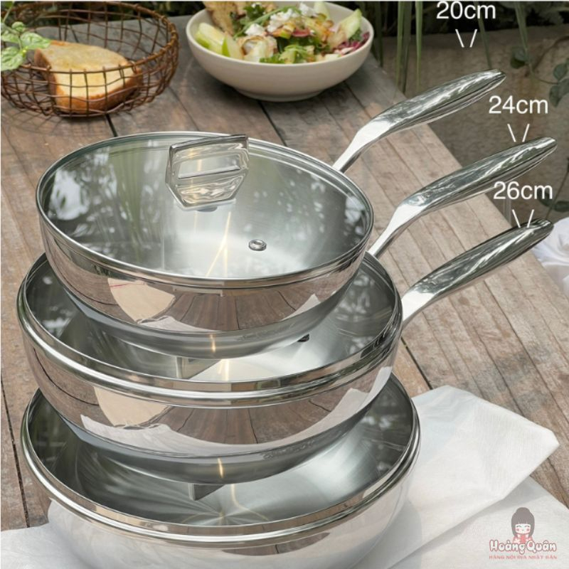 Chảo Inox 316 liền khối 5-Ply Premium (sâu lòng, vung kính) 24cm Kaiyo