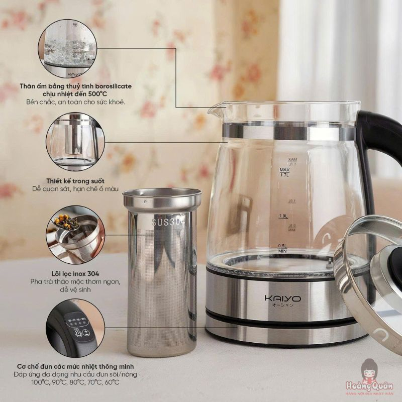 Ấm siêu tốc thuỷ tinh kèm lõi lọc trà Kaiyo 1,7L, model KEK-062 tốt
