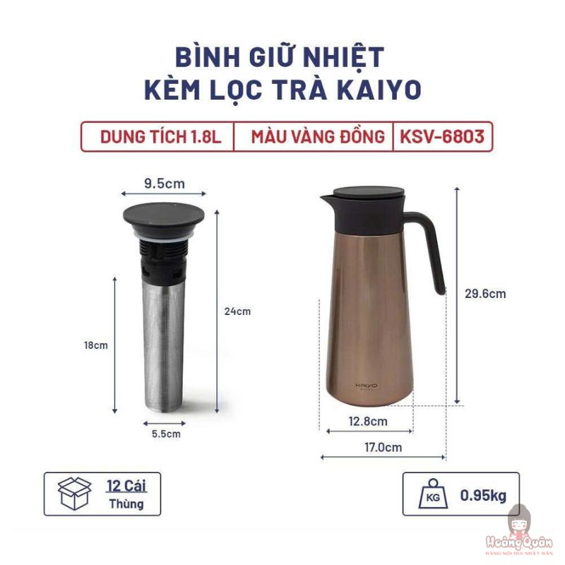 Bình giữ nhiệt inox 304 có lưới lọc trà Kaiyo dung tích 1.8L màu vàng đồng