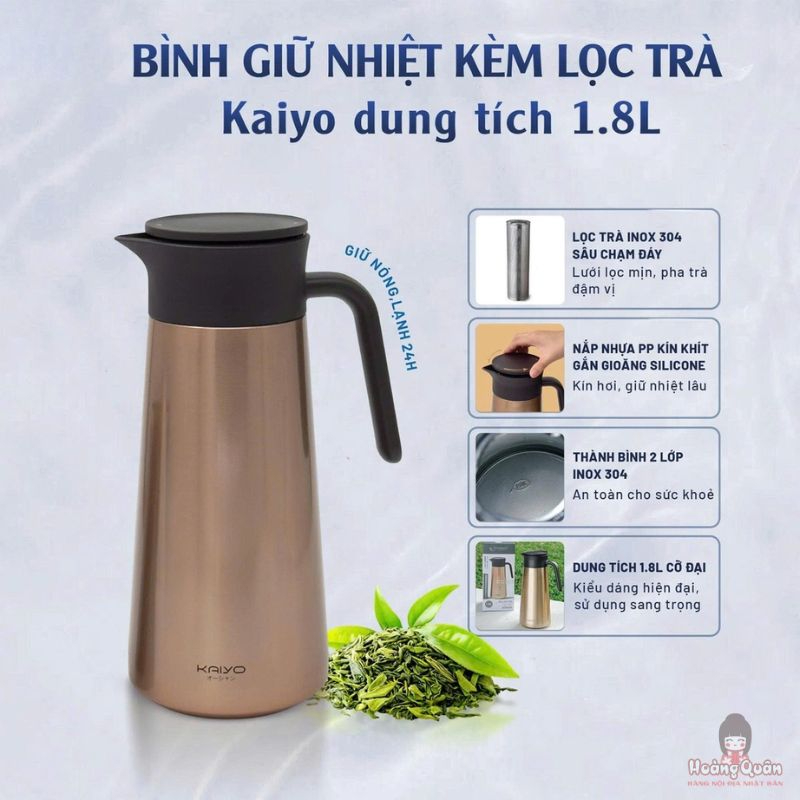 Bình giữ nhiệt inox 304 có lưới lọc trà Kaiyo 1.8L màu vàng đồng