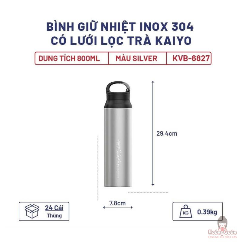 Bình Giữ Nhiệt Inox 304 Có Lưới Lọc Trà Kaiyo, Dung Tích 800Ml, Màu Silver