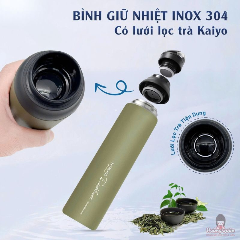 Bình giữ nhiệt inox 304 có lưới lọc trà Kaiyo 800ml màu xanh Olive