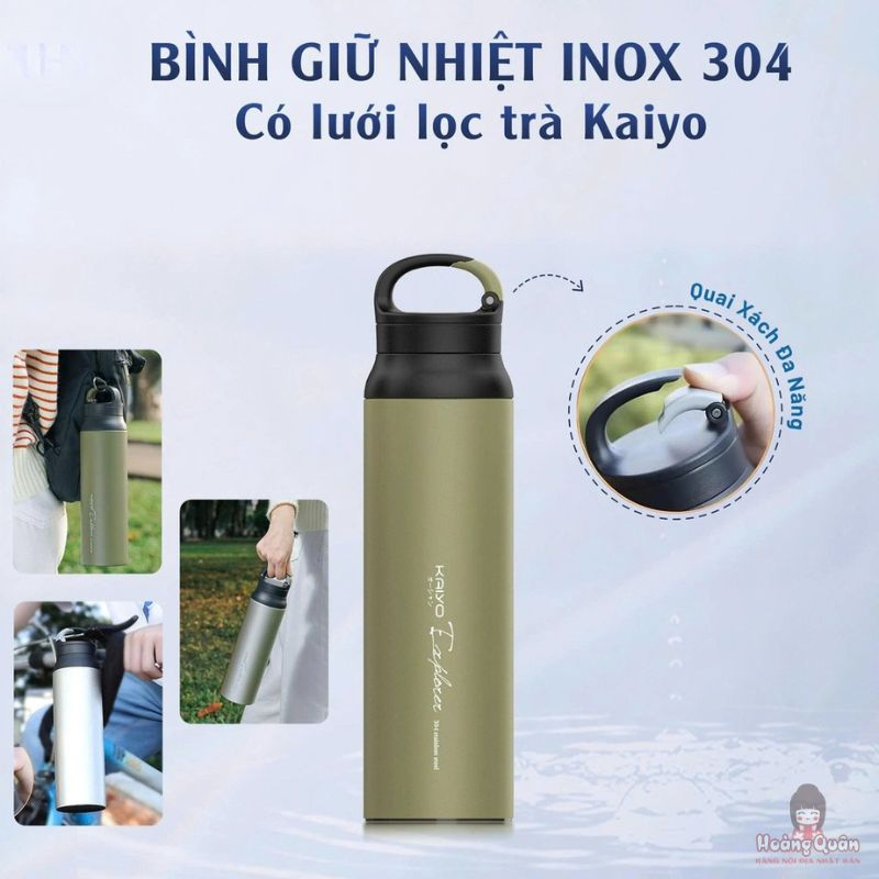 Bình giữ nhiệt inox 304 có lưới lọc trà Kaiyo màu xanh Olive dung tích 800ml