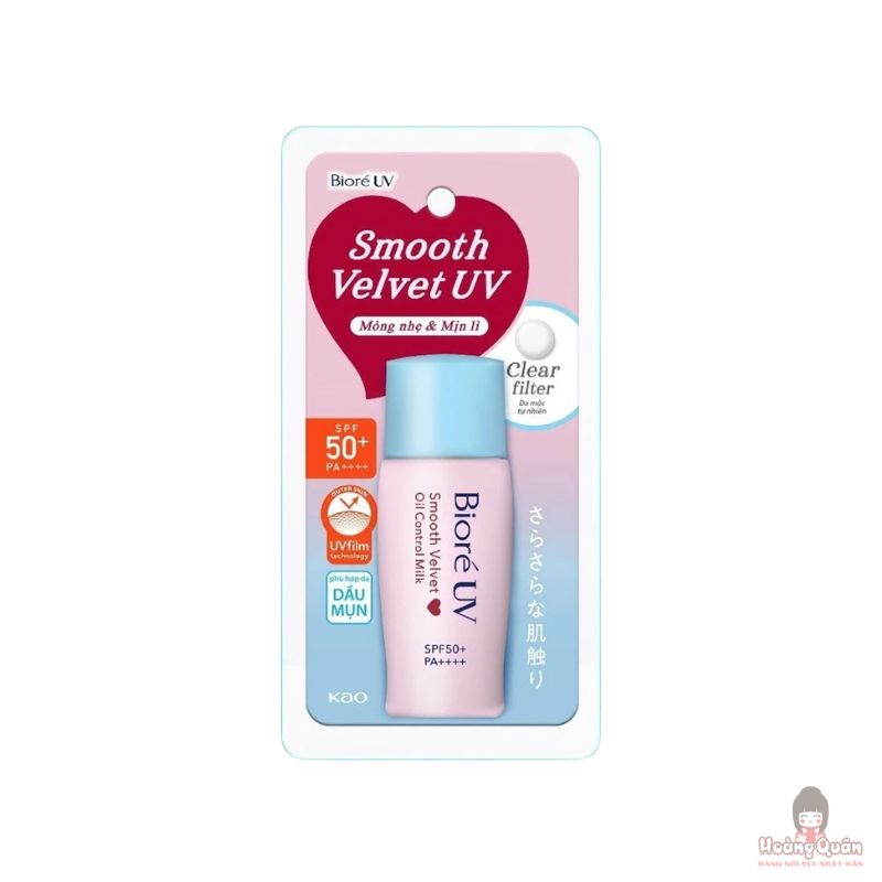 Sữa Chống Nắng Bioré Kiểm Soát Bóng Nhờn Smooth Velvet Oil Control Milk SPF50+ PA++++ 30ml (Nắp Xanh Dương)