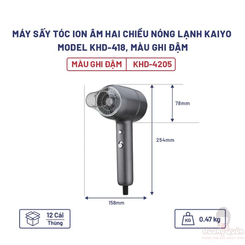Máy sấy tóc Ion âm hai chiều nóng lạnh Kaiyo KHD-418 màu ghi đậm