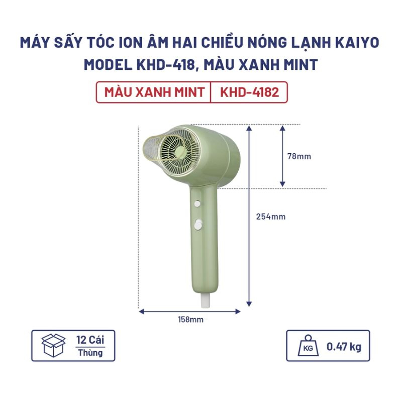 Máy sấy tóc Ion âm hai chiều nóng lạnh Kaiyo KHD-418 màu xanh mint