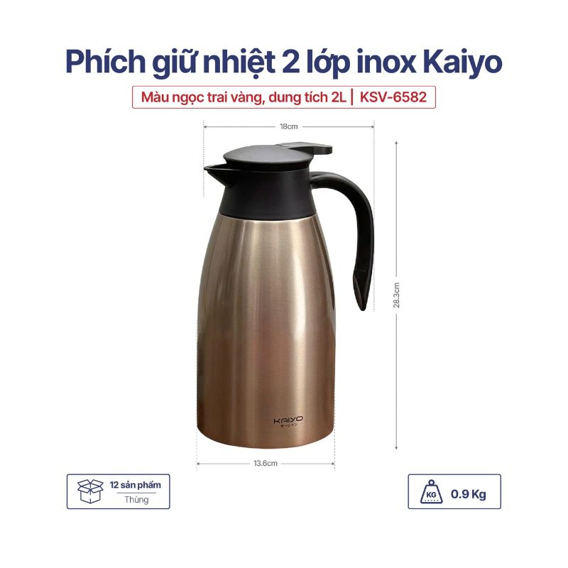 Phích giữ nhiệt 2 lớp inox Kaiyo màu ngọc trai vàng 2L