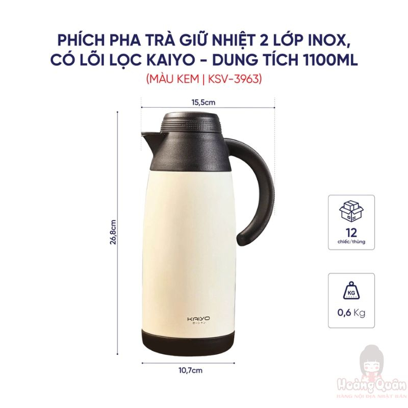 Phích pha trà giữ nhiệt 2 lớp inox có lõi lọc Kaiyo 1.1L màu kem