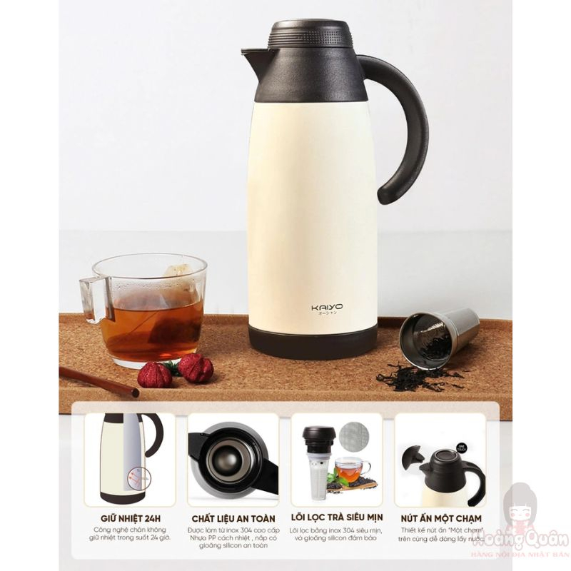 Phích pha trà giữ nhiệt 2 lớp inox có lõi lọc Kaiyo 1.1L màu kem giá tốt