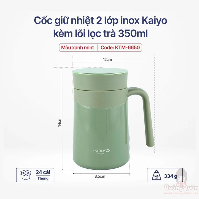 Cốc giữ nhiệt 2 lớp inox Kaiyo kèm lõi lọc trà 350ml màu xanh mint