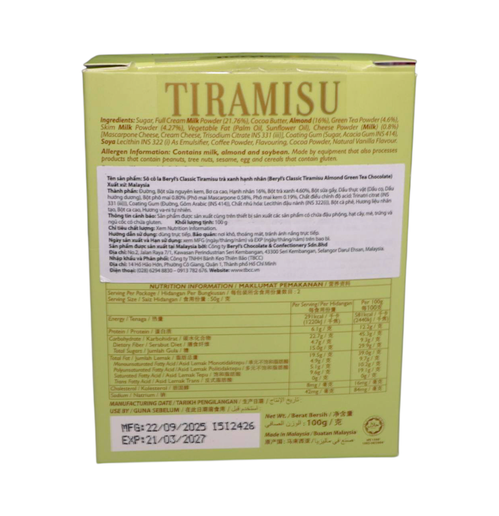 Kẹo Beryl’s Tiramisu Almond Green Tea Chocolate 100g HG Xanh