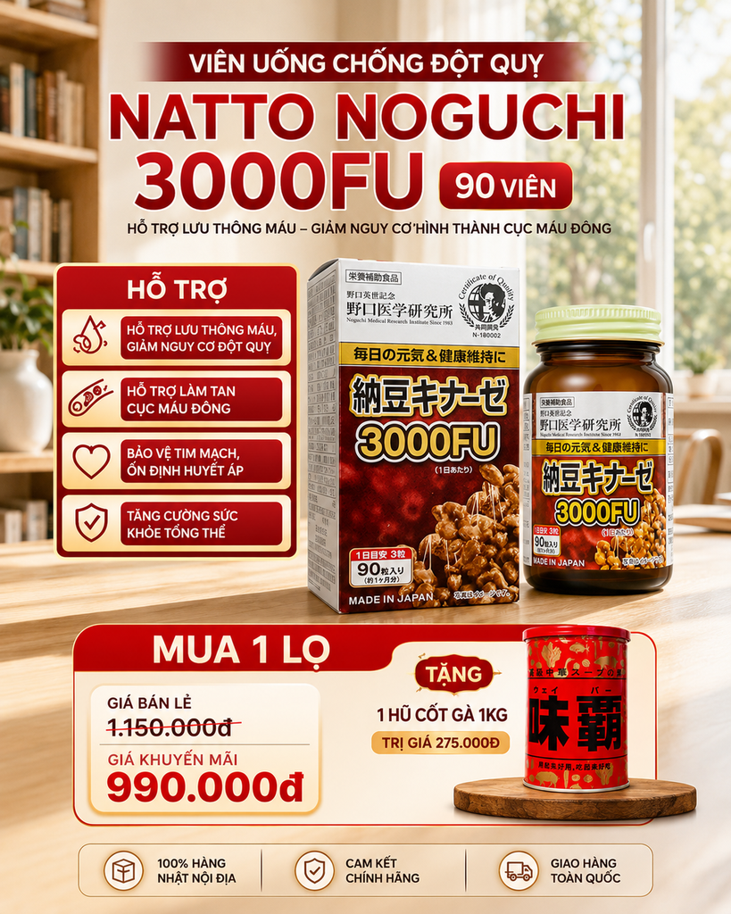 TPBVSK Hỗ Trợ Ngăn Ngừa Đột Quỵ Natto Kinase 3000FU Noguchi (Mua 1H Tặng Cốt Gà 1kg)