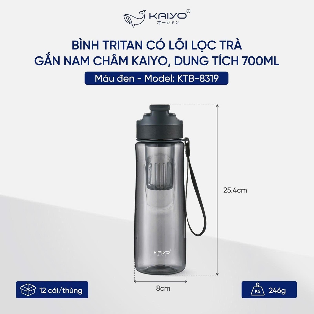 Bình Tritan Có Lõi Lọc Trà Gắn Nam Châm Kaiyo 700ml Màu Đen