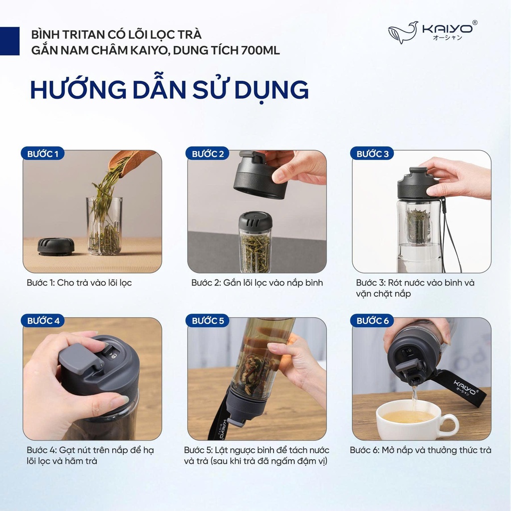 Bình Tritan Có Lõi Lọc Trà Gắn Nam Châm Kaiyo 700ml Màu Nâu 