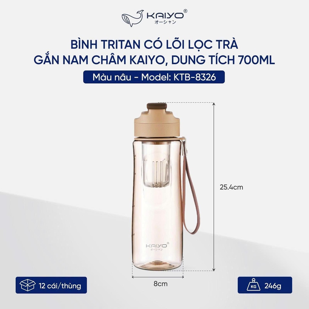 Bình Tritan Có Lõi Lọc Trà Gắn Nam Châm Kaiyo 700ml Màu Nâu 