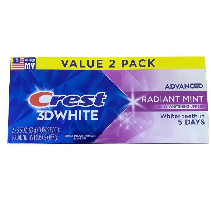 Combo 2 Kem Đánh Răng Crest 3D White Advanced Radiant Mint 187g