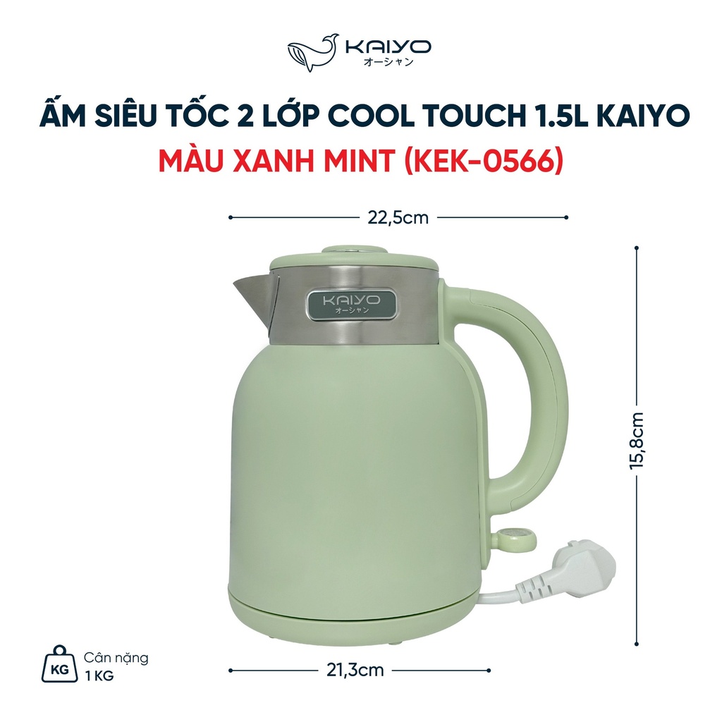 Ấm Siêu Tốc 2 Lớp Cool Touch 1,5L Kaiyo (Xanh Mint)