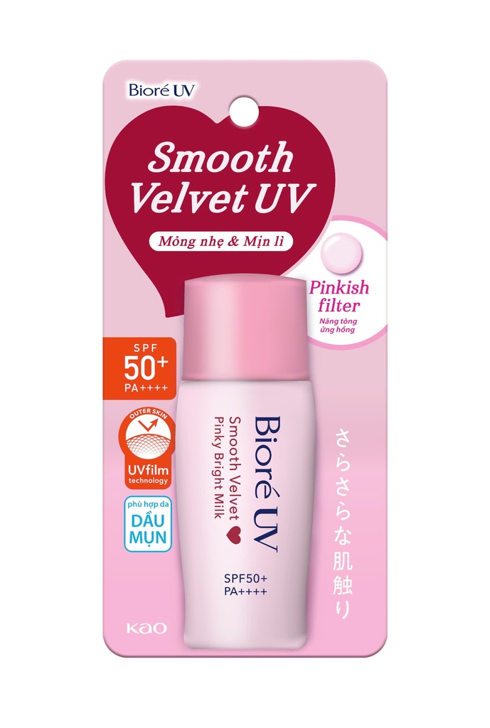 Sữa Chống Nắng Bioré Nâng Tông Sáng Hồng Smooth Velvet Pinky Bright Milk SPF 50+ PA++++ 30ml (Nắp Hồng)