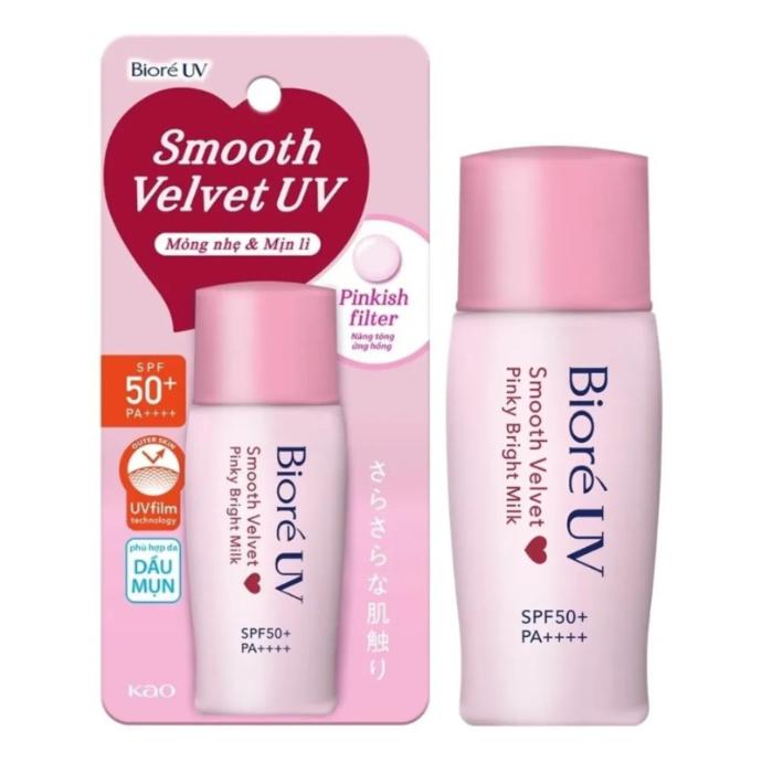 Sữa Chống Nắng Bioré Nâng Tông Sáng Hồng Smooth Velvet Pinky Bright Milk SPF 50+ PA++++ 30ml (Nắp Hồng)