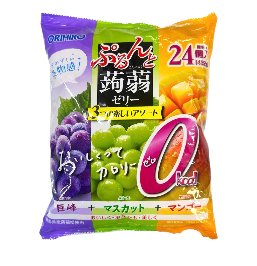 Thạch Rau Câu Orihiro 3 Vị (Nho Tím, Nho Xanh, Xoài) 24 Cái
