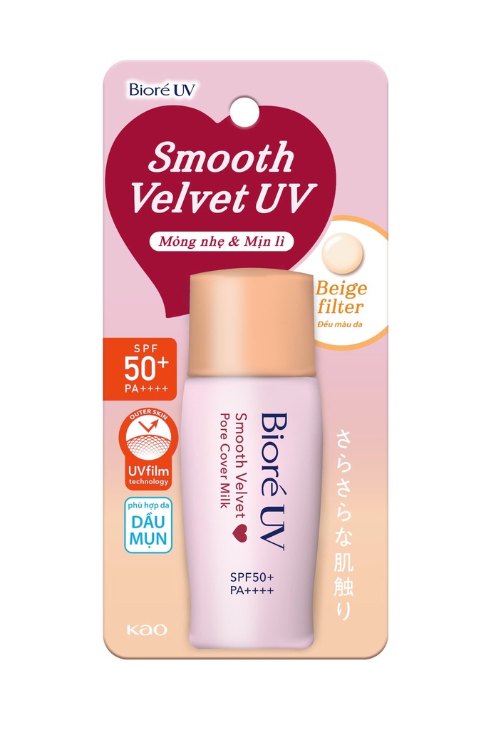 Sữa Chống Nắng Bioré Trang Điểm Mỏng Nhẹ, Mịn Lì Smooth Velvet Pore Cover Milk SPF 50+ PA++++ 30ml (Nắp Cam)