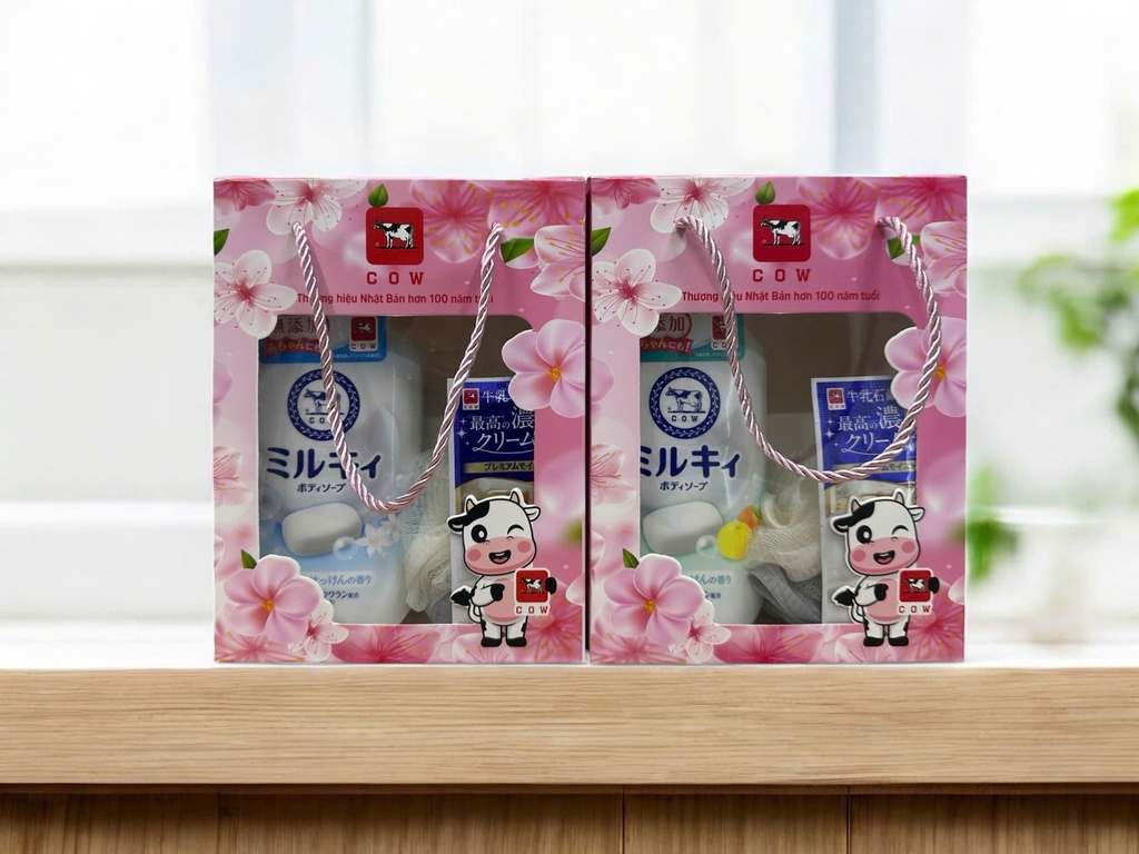 Combo Sữa Tắm Cow + Bông Tắm & Sample Bouncia 12ml