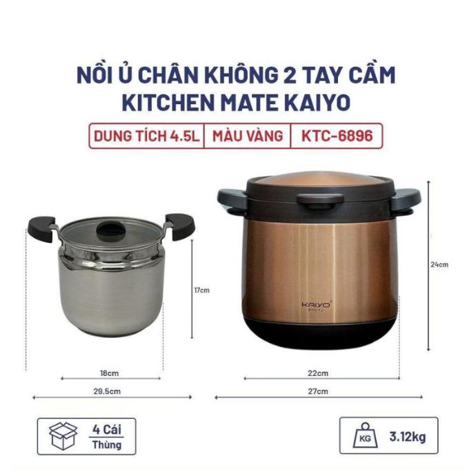 Nồi Ủ Chân Không Kaiyo 2 Tay Cầm Màu Vàng 4,5 Lít