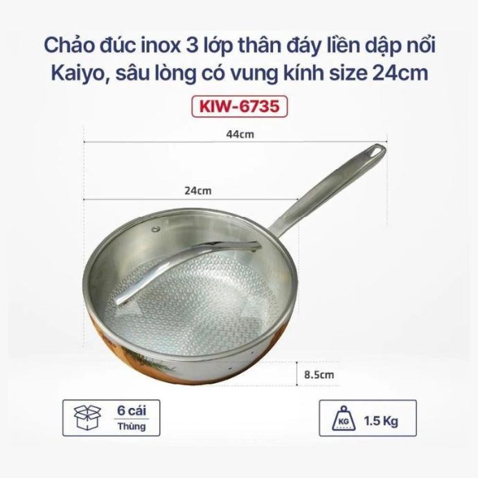 Chảo Đúc Inox 3 Lớp Thân Đáy Liền Dập Nổi Kaiyo, Sâu Lòng Có Vung Kính Size 24Cm