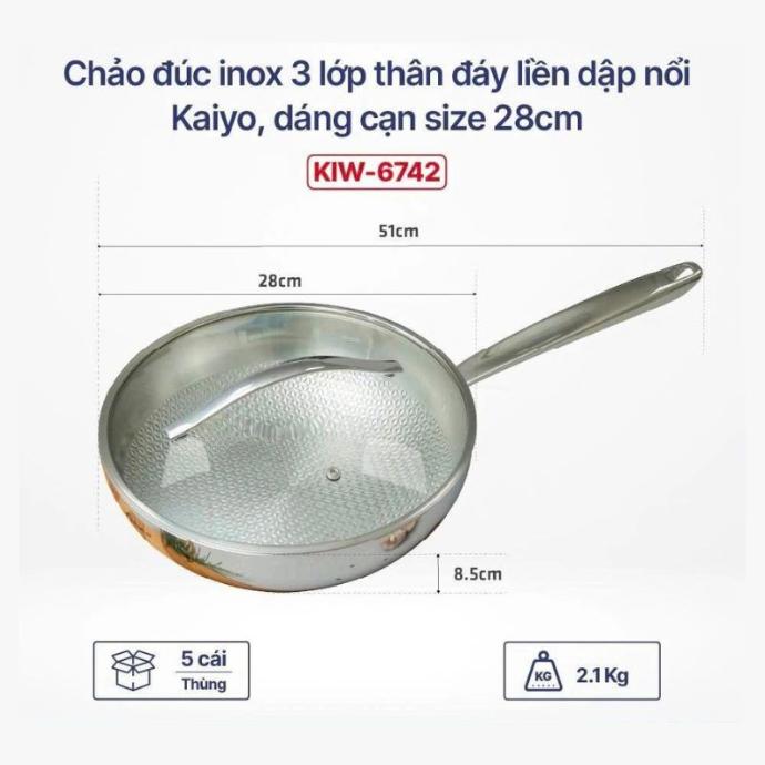 Chảo Đúc Inox 3 Lớp Thân Đáy Liền Dập Nổi Kaiyo, Sâu Lòng Có Vung Kính Size 28Cm