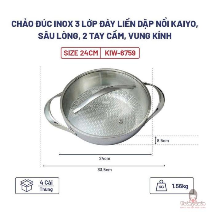 Chảo Đúc Inox 3 Lớp Đáy Liền Dập Nổi Kaiyo, Sâu Lòng, 2 Tay Cầm, Vung Kính, Size 24Cm