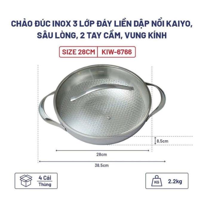 Chảo Đúc Inox 3 Lớp Đáy Liền Dập Nổi Kaiyo, Sâu Lòng, 2 Tay Cầm, Vung Kính, Size 28Cm