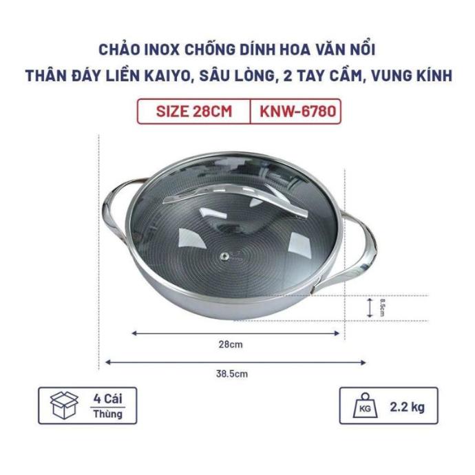 Chảo Inox Chống Dính Hoa Văn Nổi Đáy Liền 2 Tay Cầm Kaiyo 28Cm (Sâu Lòng, Vung Kính)