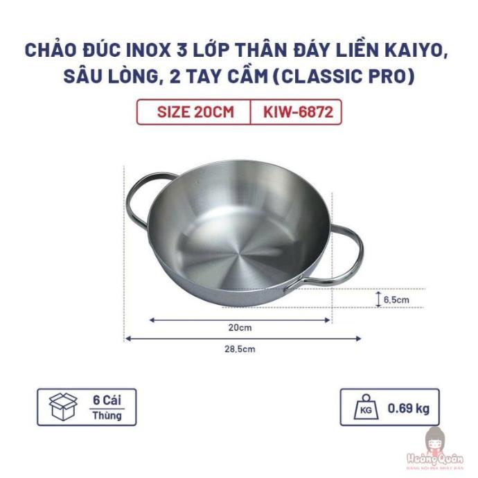 Chảo Đúc Inox 3 Lớp Thân Đáy Liền Kaiyo, Sâu Lòng, 2 Tay Cầm, Size 20Cm (Classic Pro)