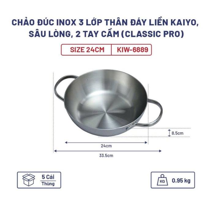 Chảo Đúc Inox 3 Lớp Thân Đáy Liền Kaiyo, Sâu Lòng, 2 Tay Cầm, Size 24Cm (Classic Pro)