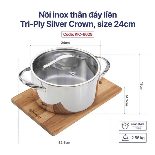 [KA629] Nồi Inox Thân Đáy Liền Tri-Ply Silver Crown, Size 24Cm