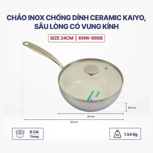 [KA698] Chảo Inox Chống Dính Ceramic Kaiyo, Sâu Lòng Có Vung Kính Size 24Cm