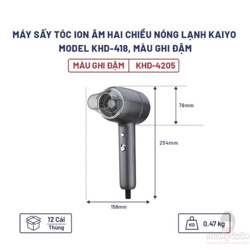[KA205] Máy Sấy Tóc Ion Âm Hai Chiều Nóng Lạnh Kaiyo KHD-418 Màu Ghi Đậm