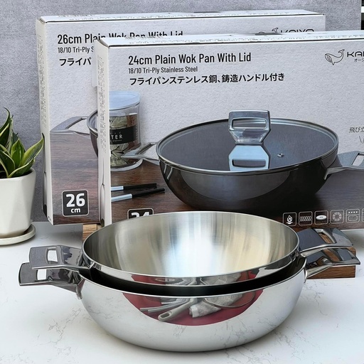 [KA628] Chảo Đúc Inox 3 Lớp Đáy Liền Sâu Lòng Tri-Ply Kaiyo 26cm (2 Tay Cầm)